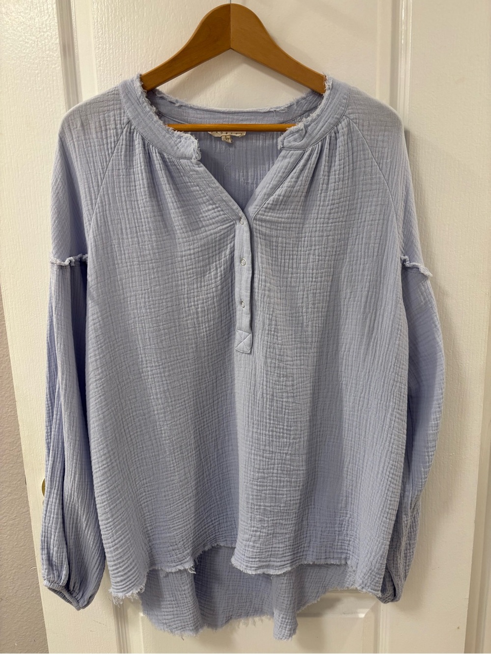 Promesa Boho Oversize Pale Blue Henley Cotton Gauze Top Raw Hems